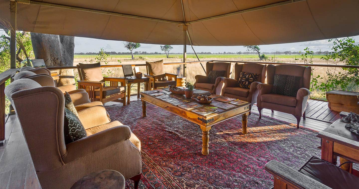 The lounge area at Kadizora Camp in the Okavango Delta