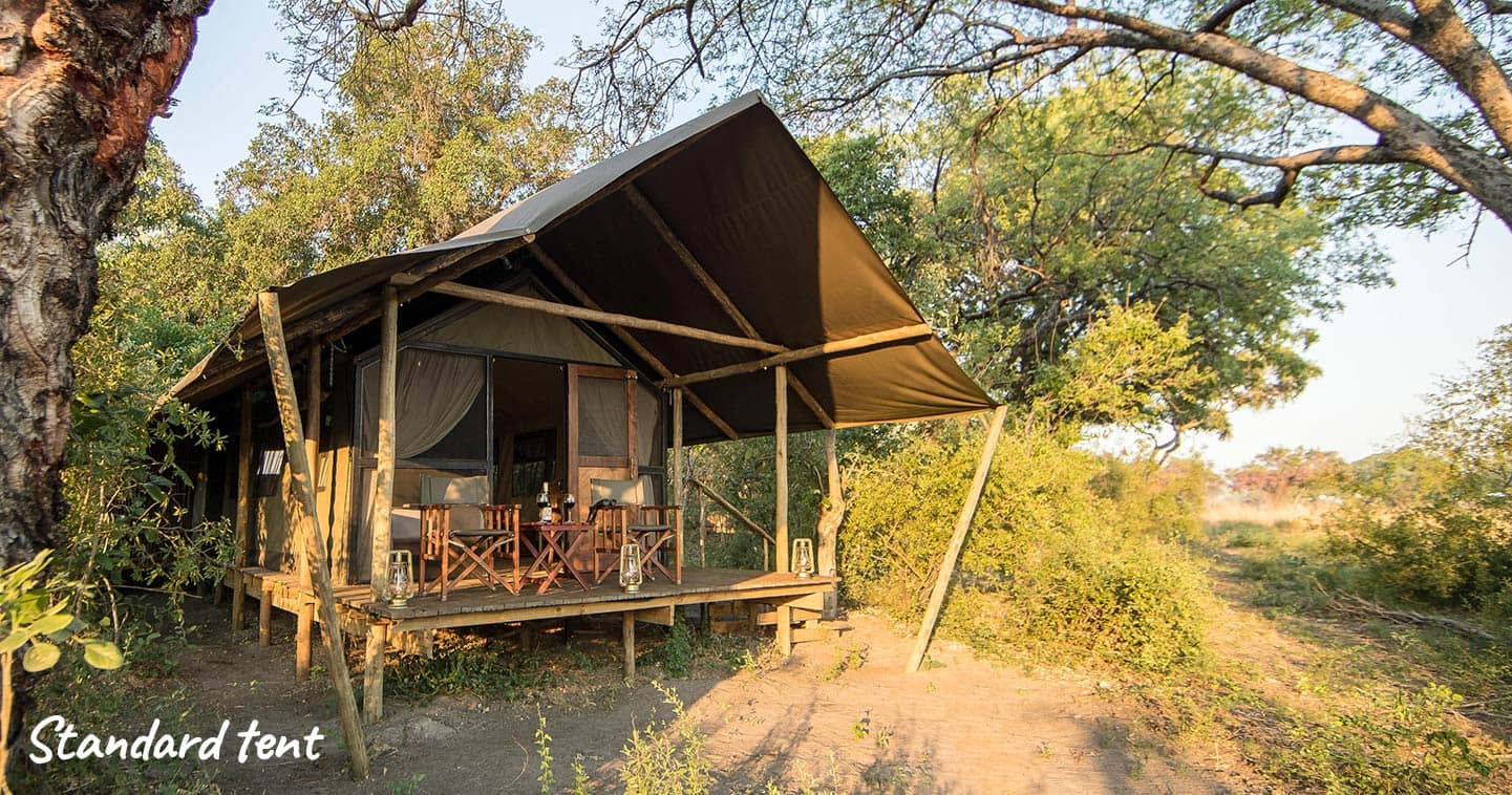 The exterior of a standard tent at Kadizora Camp in the Okavango