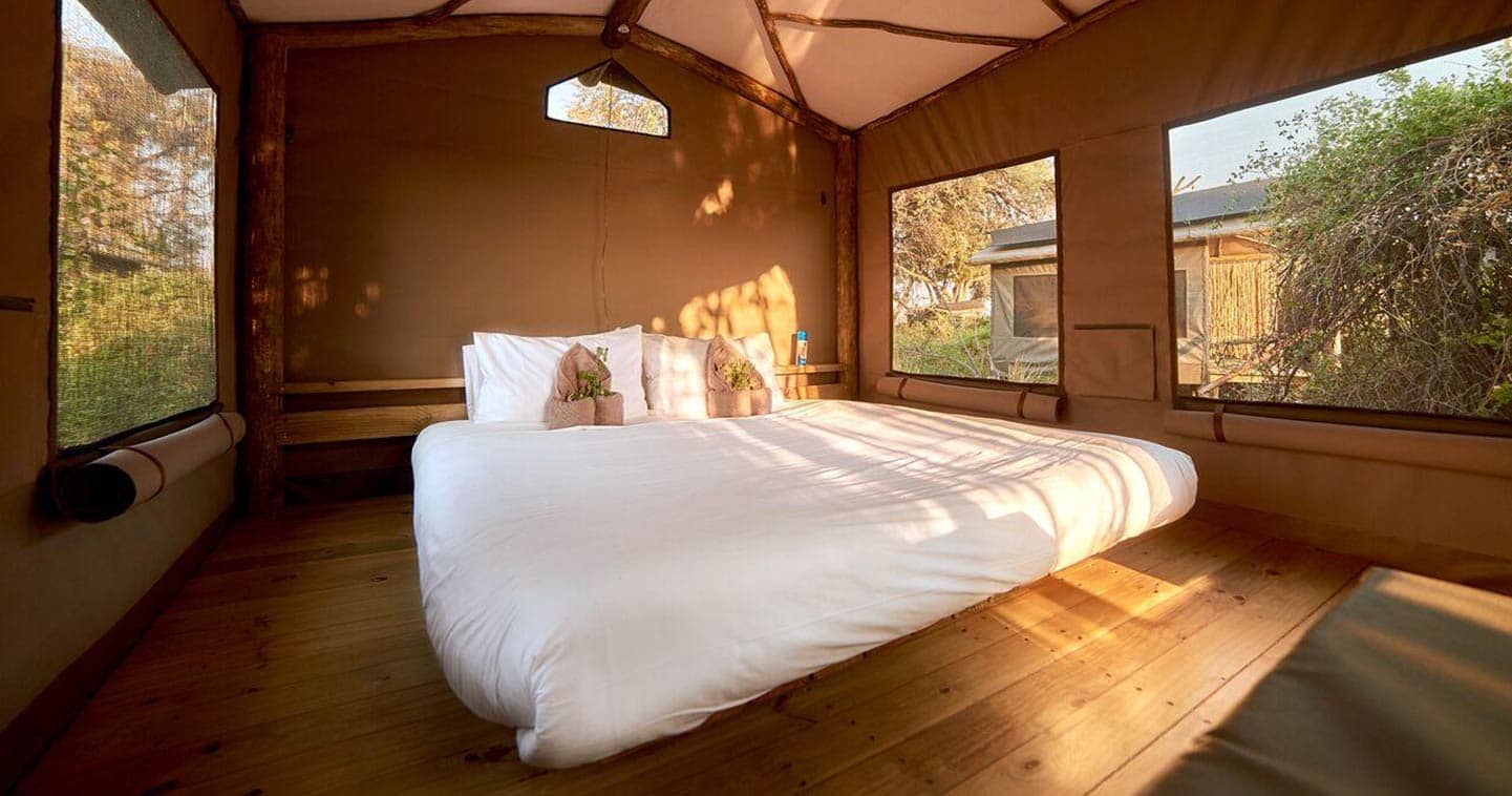 Tented room interior at Oddballs Camp in Okavango Delta